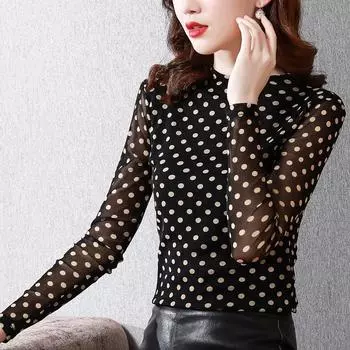Футболка с длинными рукавами в горошек, женская осенне-зимняя облегающая полуводолазка, рубашка в горошек из бархата для людей среднего возраста M
