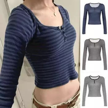 Футболка с длинными рукавами в полоску с зернистыми пуговицами для женщин, базовый топ в стиле ретро для девушек L чёрный