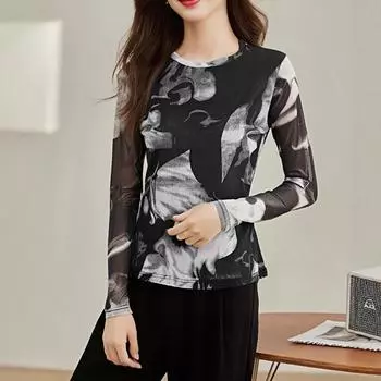 Футболка с длинными рукавами в сетку с принтом тай-дай для женщин, весна, ретро-темперамент, базовая рубашка, модный топ M