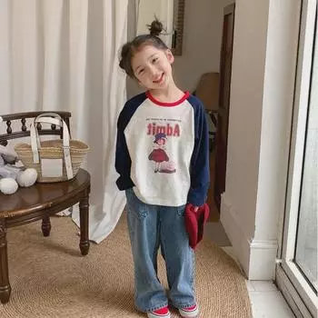 Футболка с длинными рукавами в стиле аниме для девочек - симпатичный контрастный цвет, повседневный круглый вырез, осенняя коллекция 2024 г. 110