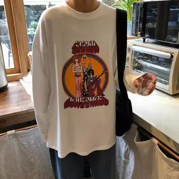 Футболка с длинными рукавами в стиле Харадзюку, топ для молодых девушек, весенне-осенний забавный топ с мультяшным принтом, футболки, женская футболка с длинными рукавами, повседневная женская уличная одежда большого размера M белый