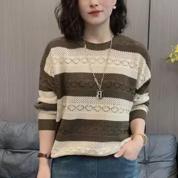 Футболка с длинными рукавами в западном стиле для мам среднего возраста, вязаный свитер, свободная осенняя рубашка в полоску S абрикосовый