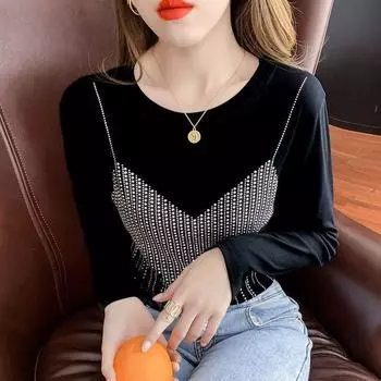 Футболка с длинными рукавами, женская футболка Heavy Industry Hot Diamond, весна-осень, новые поддельные футболки из двух предметов, топ с круглым воротником, M-4XL M чёрный