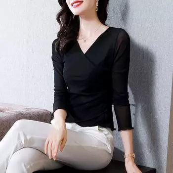 Футболка с длинными рукавами, женская, модная, весна-осень, модная, с перекрещивающимся верхом и V-образным вырезом, замедляющая старение, в иностранном стиле, нижняя часть рубашки M чёрный