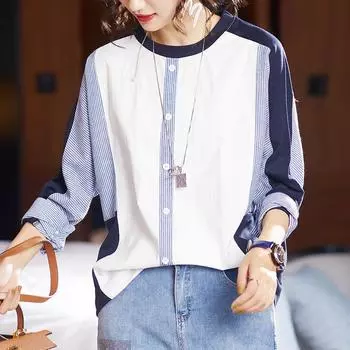 Футболка с длинными рукавами, женская одежда на весну, новая свободная, прикрывающая живот модная нижняя рубашка L