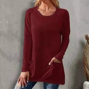 Футболка с двумя карманами, универсальная классическая однотонная свободная женская туника, блузка, повседневная одежда 2XL вино красного