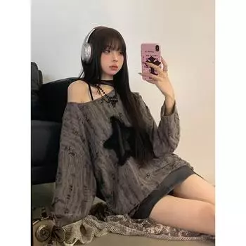 Футболка с дырками Женская мода Звездный принт Y2k Эстетика Свободные футболки Рваная футболка Harajuku Готическая уличная одежда S белый