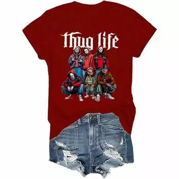 Футболка с фильмом ужасов «Thug Life» Футболка с персонажем ужасов «Friends» на Хэллоуин Футболка с забавной графикой на Хэллоуин Женская S чёрный