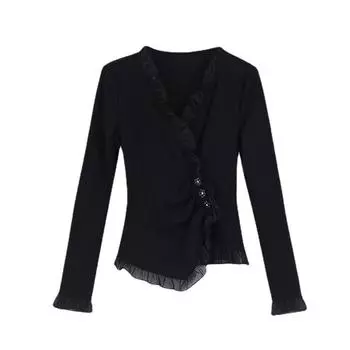 Футболка с французским V-образным вырезом и принтом листьев лотоса, женская осенняя новая тонкая короткая универсальная рубашка с нестандартной талией M чёрный