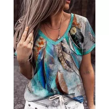 Футболка с геометрическим пером и 3D принтом, градиентная футболка, женские топы Y2k, уличная одежда, футболки в стиле Харадзюку, футболки с v-образным вырезом, женская одежда оверсайз L