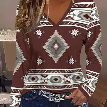 Футболка с геометрическим принтом и V-образным вырезом, винтажная футболка с длинным рукавом для весны и осени, женская одежда S