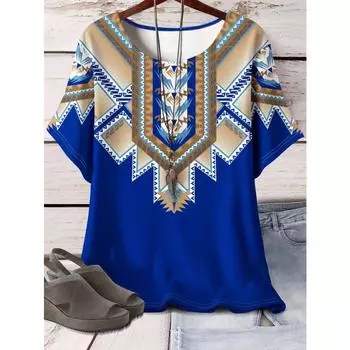 Футболка с геометрическим узором больших размеров - яркий топ с короткими рукавами для весны и лета, удобная повседневная женская модная одежда для пышных форм XL чёрный