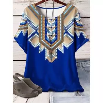 Футболка с геометрическим узором больших размеров - яркий топ с короткими рукавами для весны и лета, удобная повседневная женская модная одежда для пышных форм S