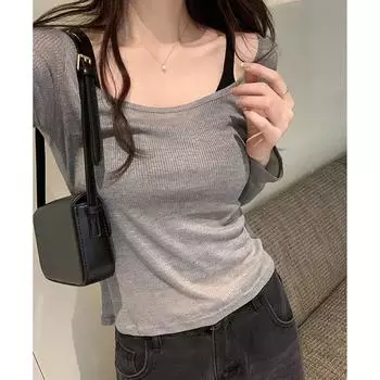 Футболка с глубоким вырезом и длинными рукавами для женщин на лето, сексуальная, слегка прозрачная майка, облегающий крой и универсальный верх. S