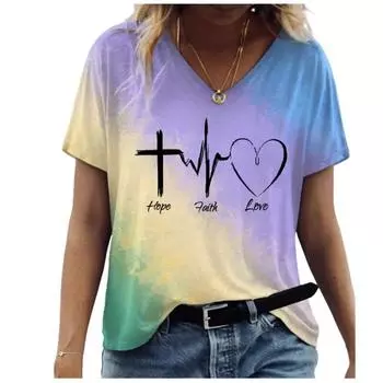 Футболка с градиентным принтом электрокардиограммы, женская футболка с коротким рукавом, верхний размер, повседневная футболка, модная женская рубашка с v-образным вырезом, лето 2021 S