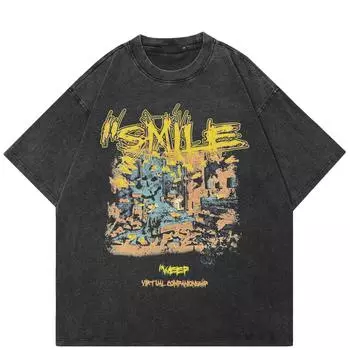 Футболка с граффити-артом в уличном стиле, черная футболка из хлопка, унисекс, свободная, с короткими рукавами S чёрный