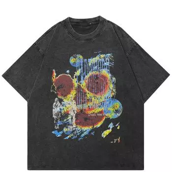 Футболка с граффити-артом в уличном стиле, черная футболка из хлопка, унисекс, свободная, с короткими рукавами S чёрный