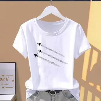 Футболка с графическим принтом азиатского размера, акварельная милая женская футболка, повседневная женская летняя футболка, модная футболка с коротким рукавом S