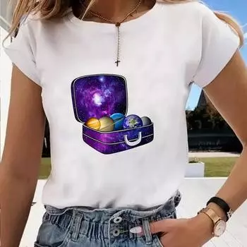 Футболка с графическим принтом азиатского размера, космическая тенденция, милая повседневная женская одежда в стиле 90-х, летний топ, женская женская футболка, модная футболка с коротким рукавом S