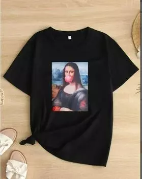 Футболка с графическим принтом больших размеров, повседневный топ с коротким рукавом для весны и лета, женская одежда больших размеров 1XL чёрный