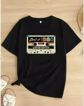 Футболка с графическим принтом больших размеров, повседневная футболка с круглым вырезом и коротким рукавом, женская одежда больших размеров 1XL чёрный