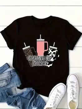 Футболка с графическим принтом больших размеров, повседневный топ с коротким рукавом и круглым вырезом для лета и весны, женская одежда больших размеров M чёрный