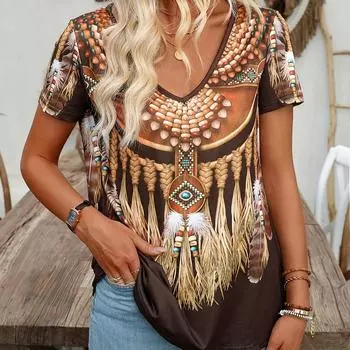 Футболка с графическим принтом и V-образным вырезом, повседневный топ с коротким рукавом для весны и лета, женские футболки S