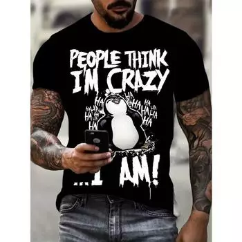 Футболка с графическим принтом «Люди думают, что я сумасшедший» больших размеров для мужчин — стильный топ с коротким рукавом, юмористическая цитата, мужская одежда, летняя модная футболка S чёрный