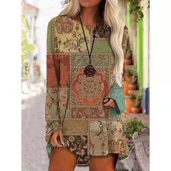 Футболка с графическим принтом Винтажная футболка 3D Футболка с длинным рукавом Женская футболка Длинная футболка Женские туники Топы Этнические топы Футболки Женские осенние S