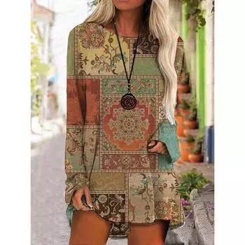 Футболка с графическим принтом Винтажная футболка 3D Футболка с длинным рукавом Женская футболка Длинная футболка Женские туники Топы Этнические топы Футболки Женские осенние S