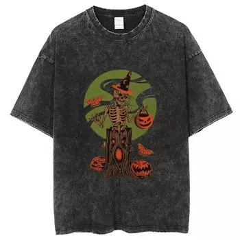 Футболка с графикой черепа, с принтом, с коротким рукавом, из выстиранного хлопка, джинсовая футболка, мужская футболка Y2K, одежда, топ S