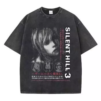 Футболка с графикой игры ужасов Silent Hill 2, мужская, женская, готическая, винтажная, выстиранная, повседневная, свободная, с коротким рукавом M