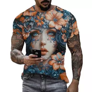 Футболка с художественным цветочным принтом в виде лица — яркий оранжевый и синий, мужская футболка с полным принтом, мягкий полиэстер, повседневная одежда, размер S — XXXL S