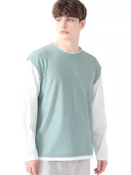 Футболка с имитацией многослойного жилета с длинным рукавом, выкроенная и сшитая, размер XL [Beams Heart] L/S, мужская, цвет ДЫМЧАТЫЙ_ЗЕЛЕНЫЙ