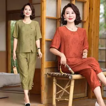 Футболка с имитацией пуговиц и брюки, летний комплект из тисненого трикотажа, женский модный повседневный комплект, классические топы с короткими рукавами, большие размеры для женщин XXXXXL оранжевый