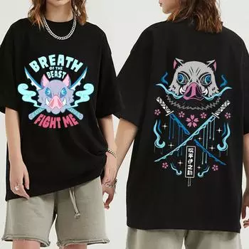 Футболка с изображением аниме «Убийца демонов» Kimetsu No Yaiba, забавные футболки с надписью «Boy Inosuke», мужские и женские модные футболки с короткими рукавами, большие размеры S чёрный