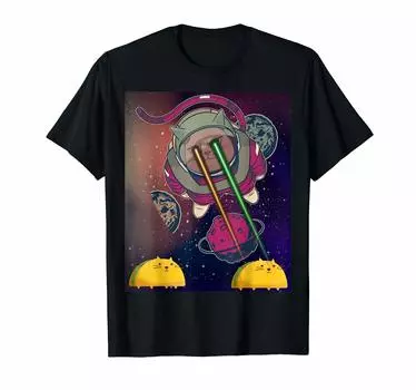 Футболка с изображением астронавта, космического лазерного луча, глаза кота, тако, пиццы и бургера чёрный