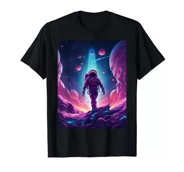 Футболка с изображением астронавта в свете планет и космического луча чёрный