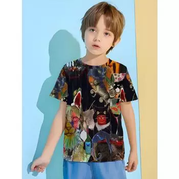 Футболка с изображением черного кота, детская одежда 2024 года, детская весенняя одежда, футболка с изображением аниме для мальчика, детская футболка, детский топ, топы 100 cm