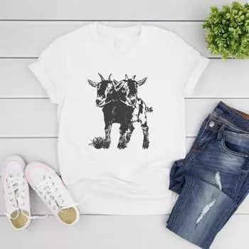 Футболка с изображением двухголовой козы, милые футболки с изображением коз для женщин и мужчин, футболка со странностями, необычная графическая футболка, винтажные футболки с коротким рукавом S чёрный
