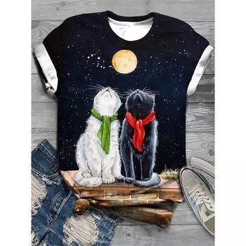 Футболка с изображением кошки, бабочки, луны, для женщин, футболки с 3D-принтом, летние свободные топы, футболки с короткими рукавами и круглым вырезом, уличная одежда XL