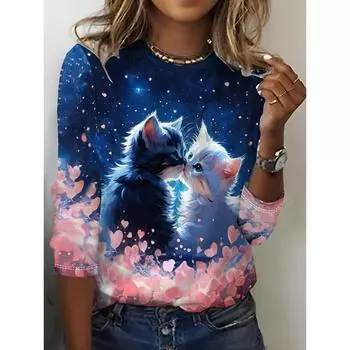 Футболка с изображением кошкиПовседневный топ с коротким рукавом для весны и летаЖенская одежда S
