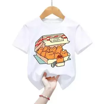 Футболка с изображением кота из фастфуда Футболки для девочек Детские модные футболки Забавные футболки с изображением кота Футболки с изображением мультфильмов для мальчиков Одежда 2T(90cm)