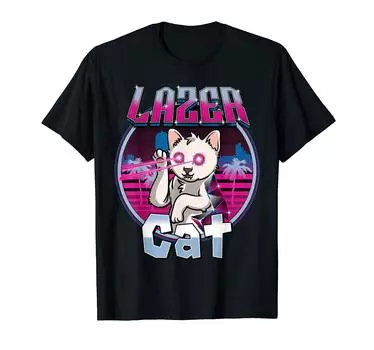 Футболка с изображением кота Laser Cat Laser Beam Cat Eyes City Retro Retro Wave Cat чёрный