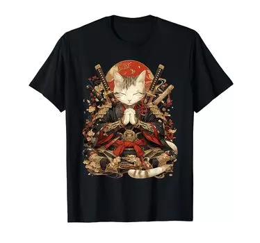 Футболка с изображением кота-ниндзя в стиле аниме в японском стиле «Самурай» в стиле укиё-э