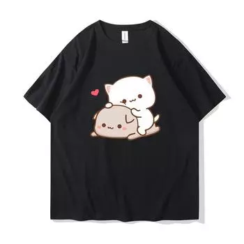 Футболка с изображением кота персика и моти, новая летняя стильная футболка с милым принтом для женщин, модная футболка в стиле Харадзюку для пар, 100% хлопок S