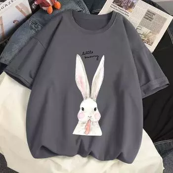 Футболка с изображением кролика из хлопка для женщин 2025 года, летние новые белые трендовые женские свободные топы с короткими рукавами XS