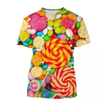 Футболка с изображением леденцов на палочке из хлопка для 3D-печати с коротким рукавом, уличная футболка, женская одежда, летние футболки, уличные топы S