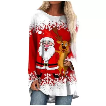 Футболка с изображением оленей Санта-Клауса и рождественским 3D-принтом для женщин, футболки с длинными рукавами, уличная одежда, свободные футболки, женские туники, топы, одежда S