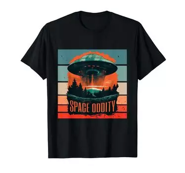 Футболка с изображением парящего НЛО в лесу с изображением футуристического винтажного пейзажа чёрный